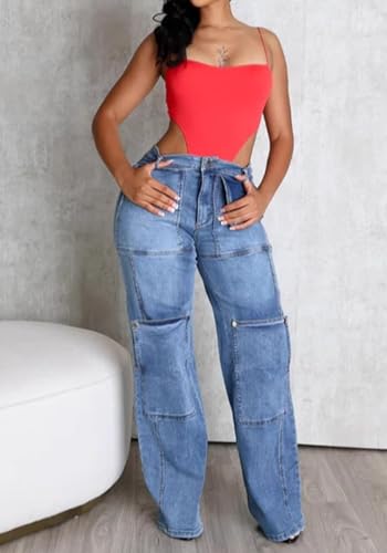 Women's Cargo Jeans Y2k High Waisted Patchwork Boyfriend Tie Dye Jeans Straight Leg Denim Pants2