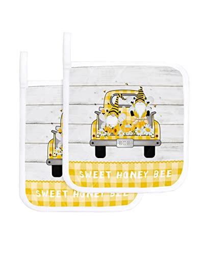 Heat Proof Pot Holders With Hanging Loops, Sweet Honey Bee Set Of 2 Kitchen Pot Holders And Trivets, Hand And Countertop Protection Hot Pads, Yellow Truck Cute Gnomes Daisy Flowers #TOP6
