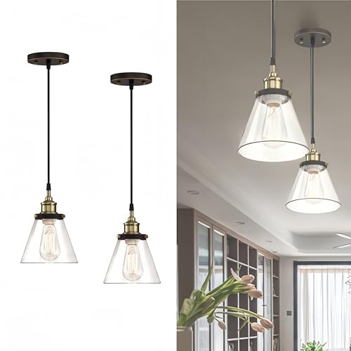 WISBEAM Pendant Lighting Fixture with Oil Rubbed Bronze and Brass Finish, RV Hanging Ceiling Lights with E26 Medium Base Max. 60 Watts, ETL Rated, Bulbs not Included, 2-Pack