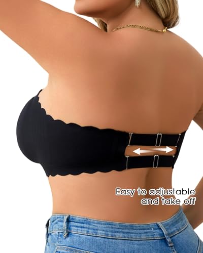 Image of Strapless Wireless Bra for Women Scalloped Full Coverage Bandeau Comfortable Everyday Non-Wired Bra for Large Busts