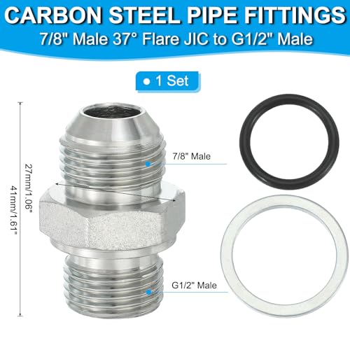 Image of PATIKIL Hex Reducing Nipple Connectors Pipe Adapter 7 /8 inch Male 37 Flare JIC x 1 /2 inch g Male, Pipe Fitting Reducer Nipple Adapter Plated Steel Hydraulic Fitting