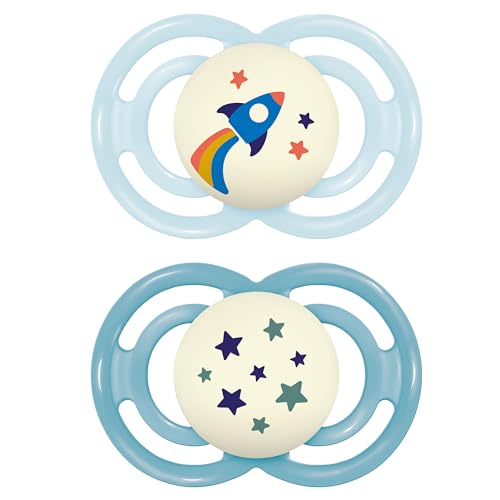 MAM Perfect Night Baby Pacifier, Patented Nipple, Glows in The Dark, 2 Pack, 16+ Months, Blue/Boy