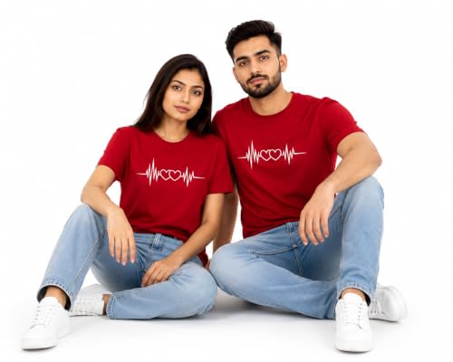 Image of Matching Couple T Shirt for Men & Women | Heartbeat Printed Cotton Couple T-Shirt | Round Neck Half Sleeve Regular Fit | Valentine's Day, Pack of 2 | Red