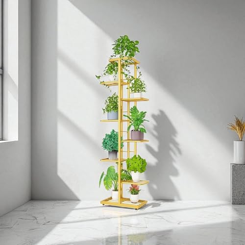 Image of Metal Touch Multi-Tiered Metal Flower Pot Stand - Indoor 6 Layer Tier Iron Plant Pot Display Plant Pot Holder Tall Plant Flower Shelf for Living Room Balcony Living room & Court Garden (Gold with 9 Pot)