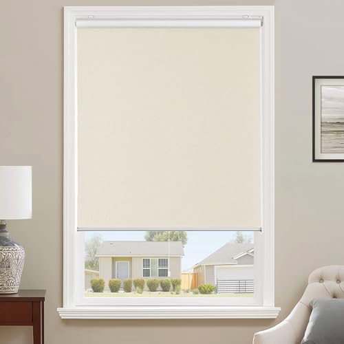 ChrisDowa Custom Size Cordless 100% Blackout Roller Shade, with Striped Jacquard, Thermal Insulated, UV Protection Fabric, Total Blackout Blinds for Window, French Doors, Home and Office.Beige