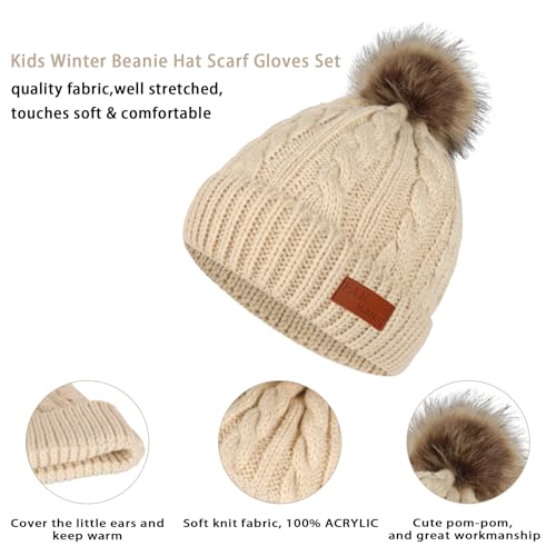 Image of Kids Hat Scarf Gloves Set, Kids Winter Beanie Hat Scarf Gloves Set with Knit Thick Warm Fleece Lined for 1-6 Years Old