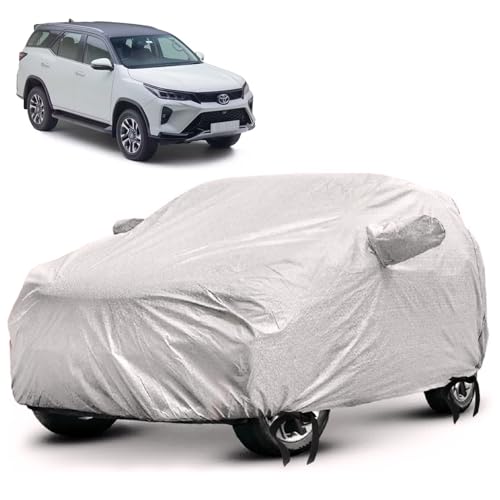 Image of SENSI Waterproof, UV Protection Car Cover for Toyota Fortuner with 4 Tyre Belts & Mirror Pockets|, 3-Layer Stitched, Cover - Protects Against Dust, Sun & Rain