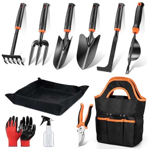 Image of HaSteeL Garden Tools Set, 11 Pcs Gardening Supplies Hand Tool Kit for Women Men Gardeners, Include Tote Bag, Reportting Mat, Transplant Trowel, Rake, Pruner for Outdoors
