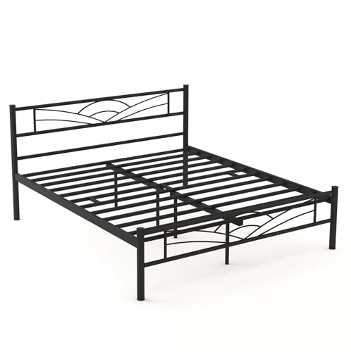 Image of Metal Frame King Size Platform Bed for Bedroom | Heavy Duty Metal Bed for Home | Hotel | Hostel | Black | 82 x 76 x 40 inch