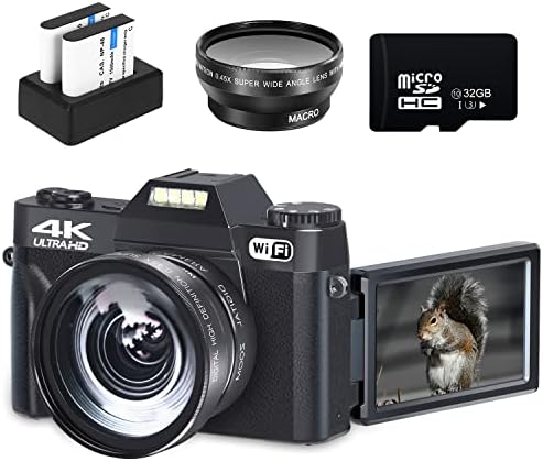 Digital Camera for Photography, 4K Camcorder 48MP WIKICO Vlogging Camera for YouTube with WiFi, 52mm Wide Angle Lens & Macro Lens, 16X Digital Zoom, 32GB SD Card, 2 Batteries(Black)