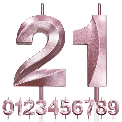 21st Vela de Cumpleaños con Purpurina oro rosa y Diseño 3D - Número 21 Velas con Números, Decoración de Tarta, Vela de Tarta para Fiesta de Cumpleaños, Aniversario de Boda, Decoración de Fiesta