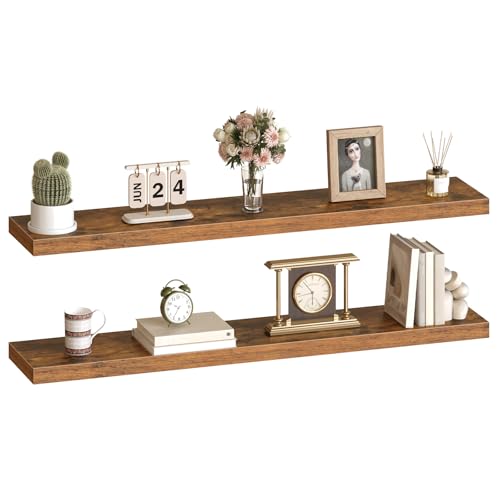 HOOBRO Floating Shelves for Wall, Wall Mounted Shelf Set of 2, 55" Hanging Shelf with Invisible Brackets, for Wall Storage in Bathroom Bedroom Kitchen Living Room Office, Rustic Brown BF140BJP201