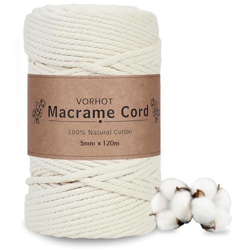 VORHOT Hilo Macrame 5mm Beige, 120M Cuerda, Cordon Macrame 5mm Natural, Cordón de Algodón de Macramé para Tapices, Colgadores Plantas, Manualidades Bricolaje, Hogar Decoracion Bohemia