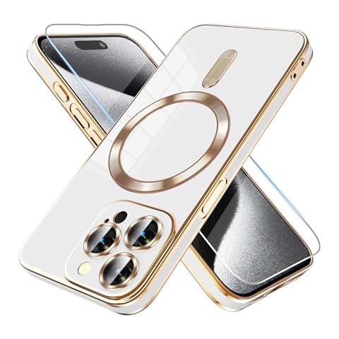 QVLANG Magnetic Case for iPhone 15 Pro Case [Compatible with MagSafe] [Full Camera Lens Protection] Plating Gold Edge Shockproof Protective Phone Cases Cover for Women Girls, White Cover