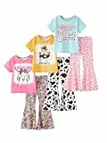 Mikobes Girls 3-Pack Outfit Sets (95% Polyester, 5% Spandex) — Graphic Tees & Flared Bell-Bottom Pants, Soft Stretch, Cow/Leopard/Check Prints, Toddler & Kids 1–10Y (Pink, 7-8Y)