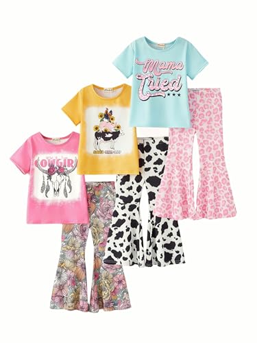 Mikobes Girls 3-Pack Outfit Sets (95% Polyester 5% Spandex) Graphic Tees & Flared Bell-Bottom Pants Soft Stretch Cow/Leopard/Check Prints Toddler & Kids 110Y (Pink 7-8Y)
