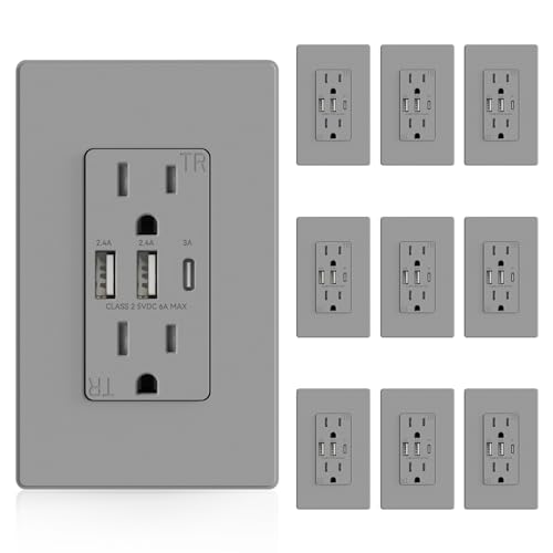 ELEGRP 3-Port USB Wall Outlet, 30W, 15A, 2 USB-A + 1 USB-C, Matte Gray