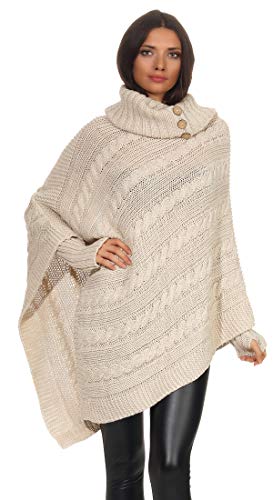 Mississhop - Poncho, pull, sweat, cape, jeté en tricot - Avec manchettes - Taille 36, 38, 40, 42, beige, taille unique Cover