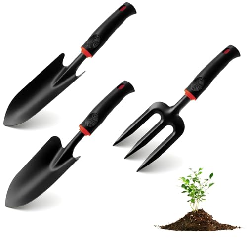 Kit Giardinaggio 3 Pezzi – Set Attrezzi da Giardino in Acciaio Inossidabile con Impugnatura Antiscivolo, Paletta Giardinaggio, Trapiantatore e Zappa Doppia per Orto, Serre, Fioriere e Scavo
