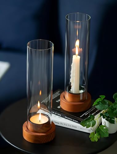 NUPTIO Dripless Taper Candle Holders with Wax Catchers: Set of 2 Hurricane Glass Candlestick Holders with Metal Bobeches for Easier Reuse - Brown Wood Modern Table Centerpiece for Outdoor Dinner NUPTIO Dripless Taper Candle Holders with Wax Catchers: Set of 2 Hurricane Glass Candlestick Holders with Metal Bobeches for Easier Reuse - Brown Wood Modern Table Centerpiece for Outdoor Dinner