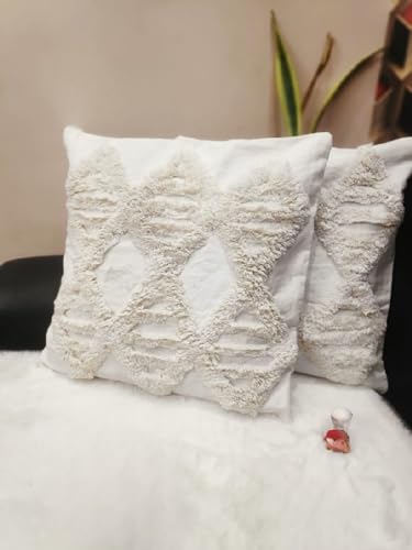 Image of TIB Premium Boho Decorative Throw Cushion Covers, 16 x 16 cm, Set of 2, Cotton. (Cream Diamonds)