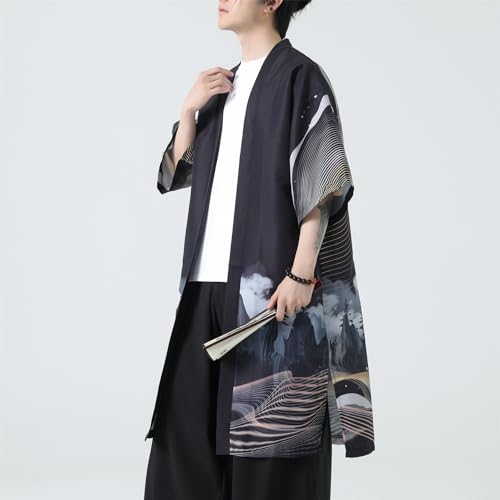 Image of Seidarise Men's Haori, Long Kimono Cardigan Jacket Japanese Style Flying Crane Seven Sleeves Open Front Coat