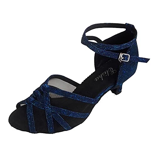 Chaussures de danse latine à talon cubain à bout ouvert pour femme - 4,6 cm - Semelle souple - Sandales de danse d'intérieur professionnelles avec maille, bleu, 42 EU Cover