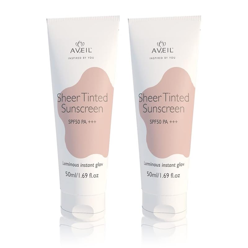 Image of AVEIL Sheer Tinted Sunscreen SPF 50 PA +++ | 50 ml | UVA, UVB & Blue Light Protection | No White Cast | For All Skin Types | Water & Sweat Resistant | Hydrating Sunscreen | Sun-Safe Skin | Pack of 2
