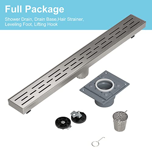 Shower Drain by EMBATHER Linear Shower Drain 18 Inch Floor Drain with Removable Quadrato Pattern Grate CUPC Certified, 304 Stainless Shower Drain Base Hair Strainer and Leveling Feet