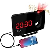 CestMall Digitaler Wecker mit USB-Ladegerät/Projektion an der Decke, Lauter Doppelwecker, Einfacher Projektor-Wecker für schwere Schläfer Erwachsene Ältere (Red)