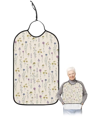Elegant Floral Adult Bibs for Eating, Waterproof Bibs with Food Catcher & Adjustable Snap Closure, Watercolor Yellow Purple Blue Spring Botanical Clothing Protectors Adult Bibs for Elderly Women/Men