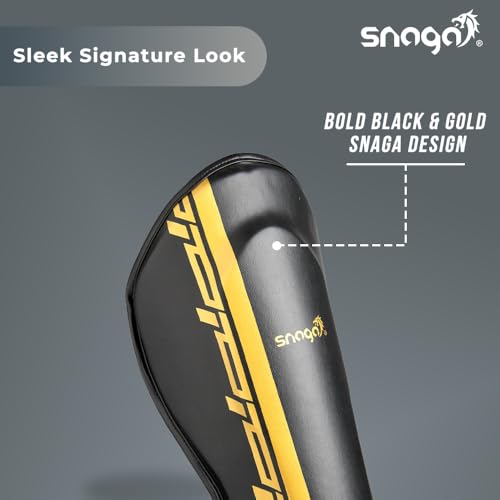 Image of Snaga MMA Shin Guard, Leather Shin Guard Pads with High-Density Foam Padding for MMA, Karate, Taekwondo, Kick Boxing & Other Martial Arts (Black-Golden)