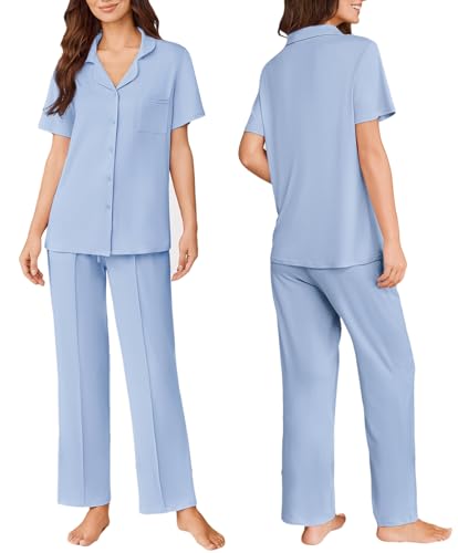 Image of Ekouaer Pajamas for Women Set Button Up Short Sleeve Pjs Sets With Pockets | Soft Womens Sleepwear,V Neck,Notch Collar,2 Piece Classic Loungewear With Long Pant for Sleep,Lounge,Fall