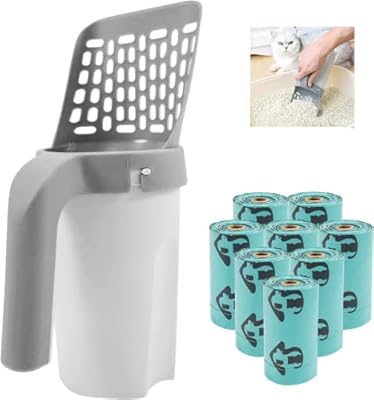Cat Litter Scoop 2 in 1, Litter Scoop with Bin, Dirt Free Cat Litter Scoop with 8 Rolls of Waste Bags, for Cat Litter Clumping Litter, Large Capacity, Portable