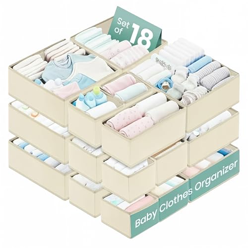 Image of RFAQK Dresser Drawer Organizer Clothes-18 Pack Underwear Clothing Drawer Organizer for Baby, Nursery, Closet-Foldable Fabric Drawer Dividers for Bedroom, Storage Bins for Bra, Socks, Belt, Tie-Beggie