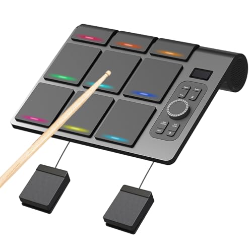 Batería Electrónica, Set de Almohadillas de Batería con 9 Almohadillas Portátiles de Práctica Eléctrica con Altavoz Incorporado, Baquetas, Pedales de Pie
