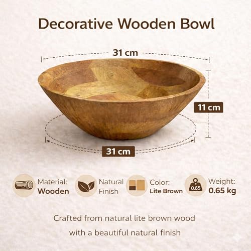 Image of Decorative Wooden Bowl | Natural Finish Fruit & Serving Bowl | Lite Brown Handcrafted Wooden Bowl for Home Decor & Kitchen