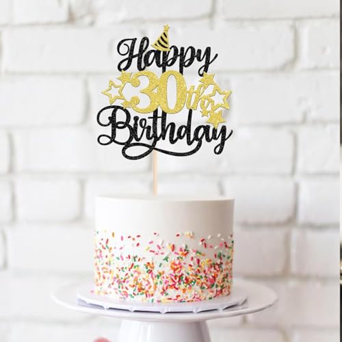 Image of Confetti! Glittering 30th Birthday Cake Topper with Star Hat - Cheers to 30 Years! Fabulous Cake Decorations for Adults 30th Birthday & Anniversary Party Supply