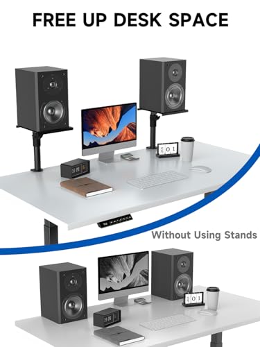suptek Clamp-on Desktop Speaker Stands, 8.8\"x9.6\" Metal Trays, Height Adjustable Universal Studio Monitor Holders for Bookshelf Speakers with Cable Management, Against the Wall, 2 Pack, Black, SDM001K