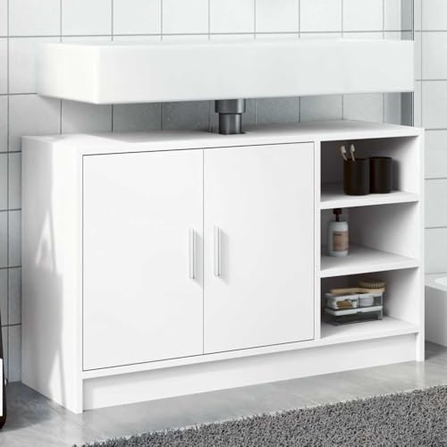 SooIarix Armario para lavabo de madera blanco, 90 x 29 x 55 cm, con 2 puertas y 3 compartimentos abiertos, mueble de baño estable para baño organizado
