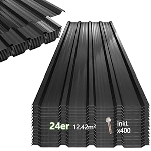 Sorlpv® 24er Set Profilblech Trapezblech, 115x45 cm (12, 42 m²) Verzinkt Metall Dachplatten Wellblechplatten mit 400 Schraube, Schwarz 0, 25mm Dachblech Wetterfest für Carport, Dach, Garag, Gerätehaus