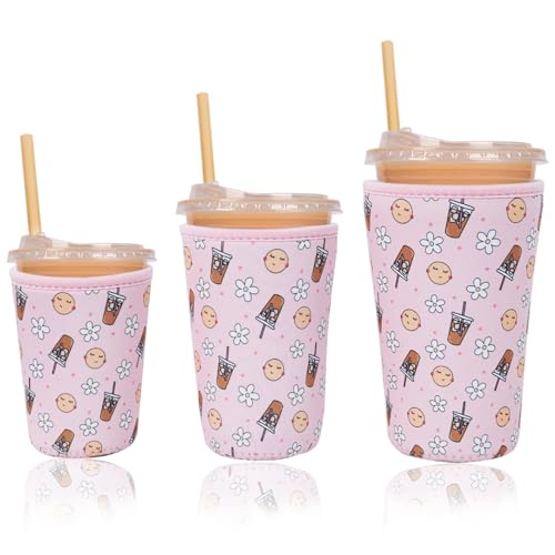 Image of Reusable Insulated Neoprene Iced Coffee Cup Sleeve, Durable Drink Sleeve for Cold Beverages, Beverage Holder for Iced Coffee (Pink Coffee)