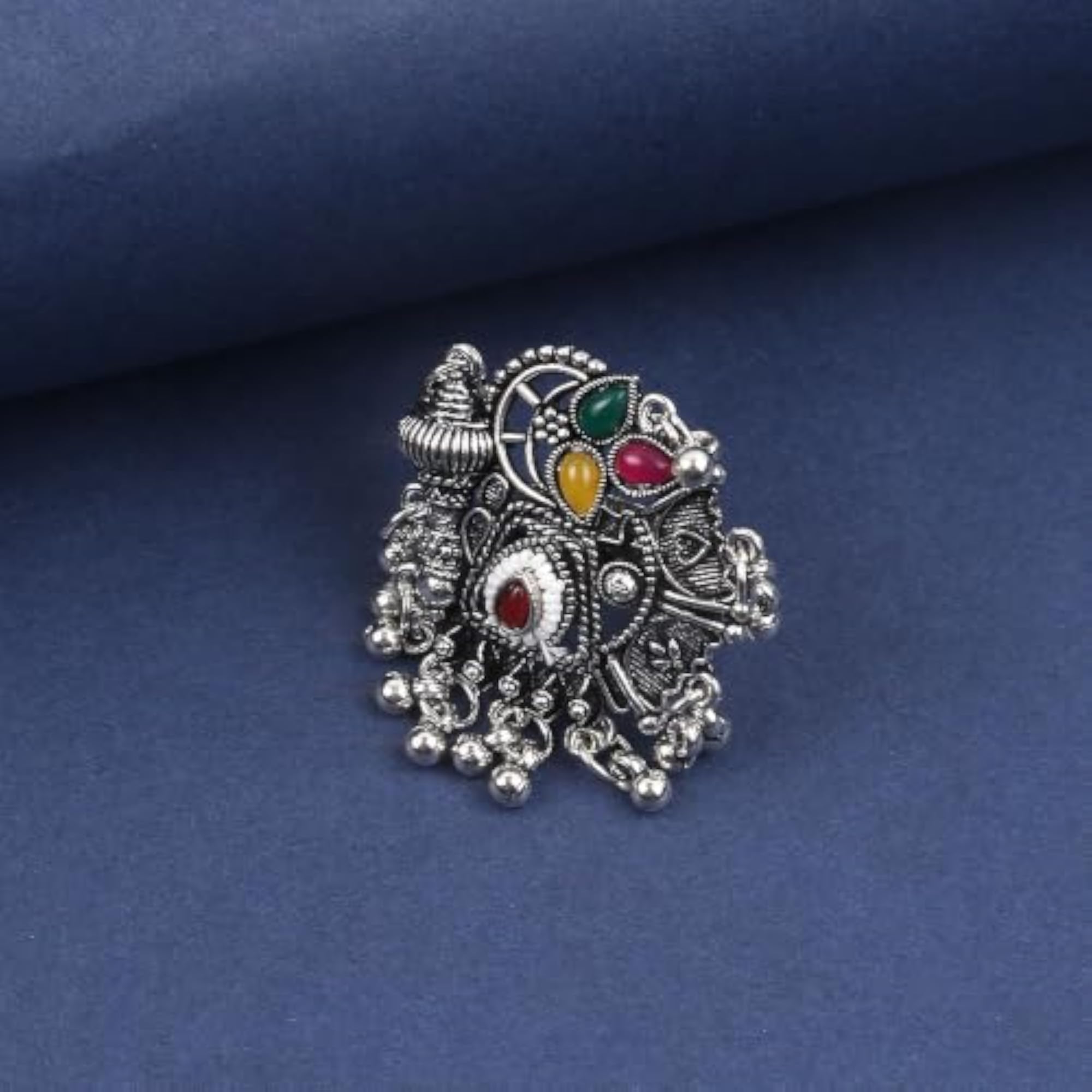 Charming Oxidised Silver Multicolour Stone Studded Statement Ring