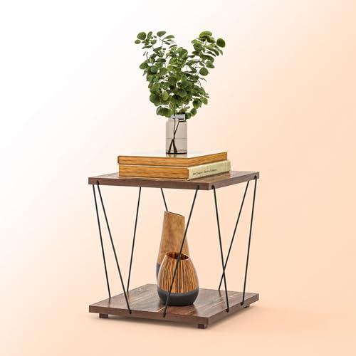 Image of JD FRESH Wooden End Table with Modern Metal Frame /Open Storage Shelf /Multi-Purpose Display & Storage Shelf /Stylish, Sturdy & Space-Saving Side Table for Living Room, Bedroom (Deep, Brown)