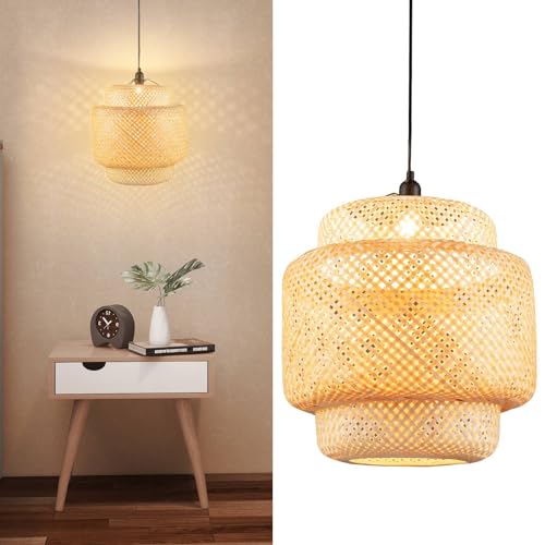 GiantexUK Bamboo Pendant Light, Height Adjustable Ceiling Fitting Light Fixtures with E27 Bulbs Holder & Handwoven Lampshade, Suspension Hanging Lamp for Living Room Lounge Restaurant