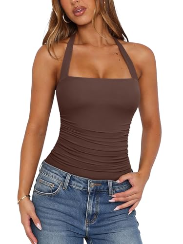 PINKMSTYLE Mesh Sleeveless Bodysuit Tank Tops for Women Double Lined Halter Square Neck Thong Body Suits Coffee Large