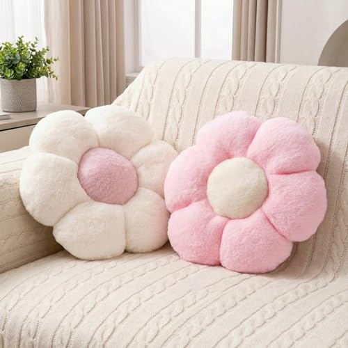 2 Pcs Flower Pillow Cute Floor Cushions Set, Pink White Daisy Flower Shaped Decorative Throw Pillows for Girls Preppy Bed Couch Bedroom Room Decor (White & Pink)