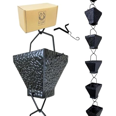 U-nitt Rain Chains for Gutters | Rainwater Catcher & Diverter | 8.5 FT Metal Black Rain Chain | Powder Coated w/Textured Square | Roof Gutter Chain Downspout | DIY Rain Chain Installation Kit Cover
