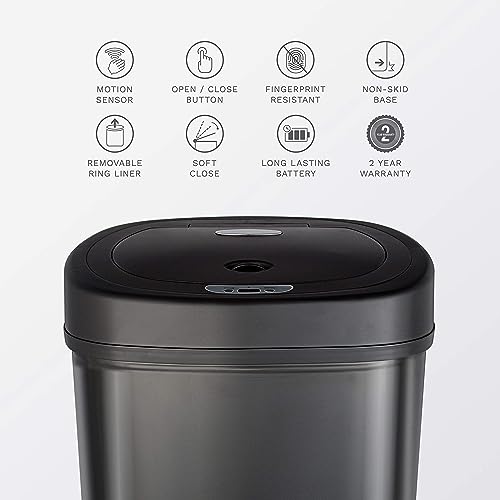 Ninestars Dzt-50-9Bk Automatic Touchless Infrared Motion Sensor Trash Can, 13 Gal 50L, Black Steel Base (Oval, Black Lid) #TOP3