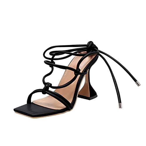 Coutgo Strappy Heels for Women, Lace Up Square Open Toe Dress Sandals, Stiletto Heeled for Summer Party(7,Black)